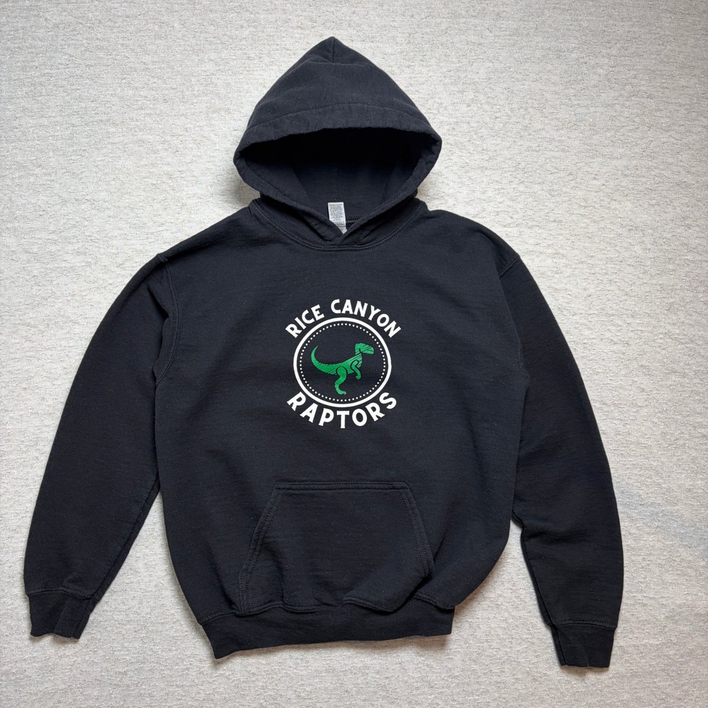 Gildan Youth Hoodie Large Black Rice Canyon Raptors Dinosaur Graphic Pullover